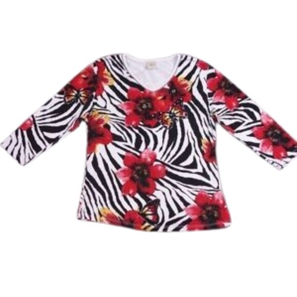 Jess & Jane Red Floral Zebra artsy embellished Print Top Boho Festival- Large - Picture 7 of 9